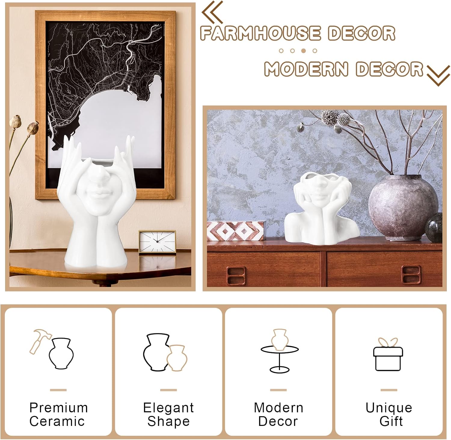 Sieral 3 Pcs White Ceramic Face Vase Set