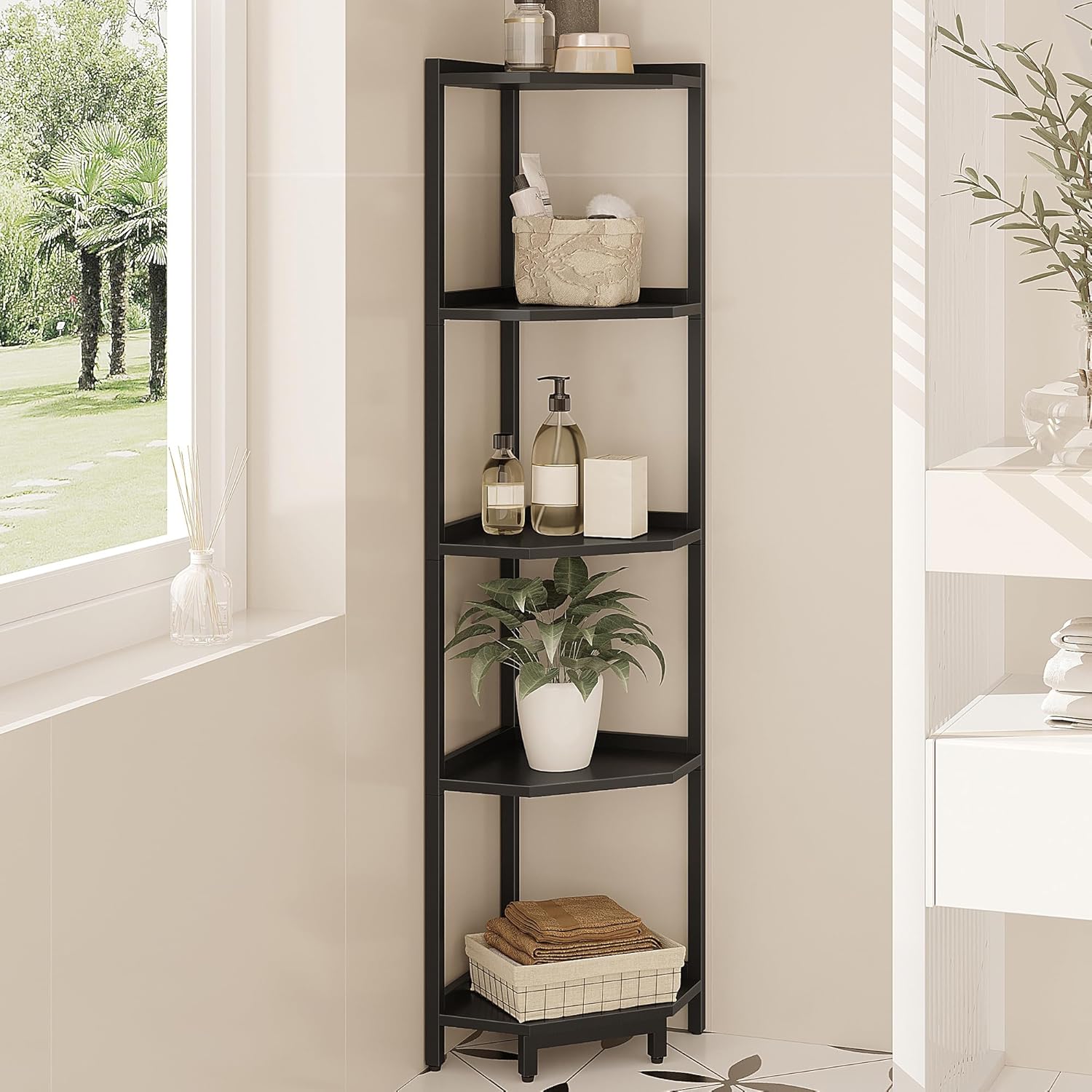 5-Tier Corner Bookshelf Stand with Metal Frame Black CS05906B
