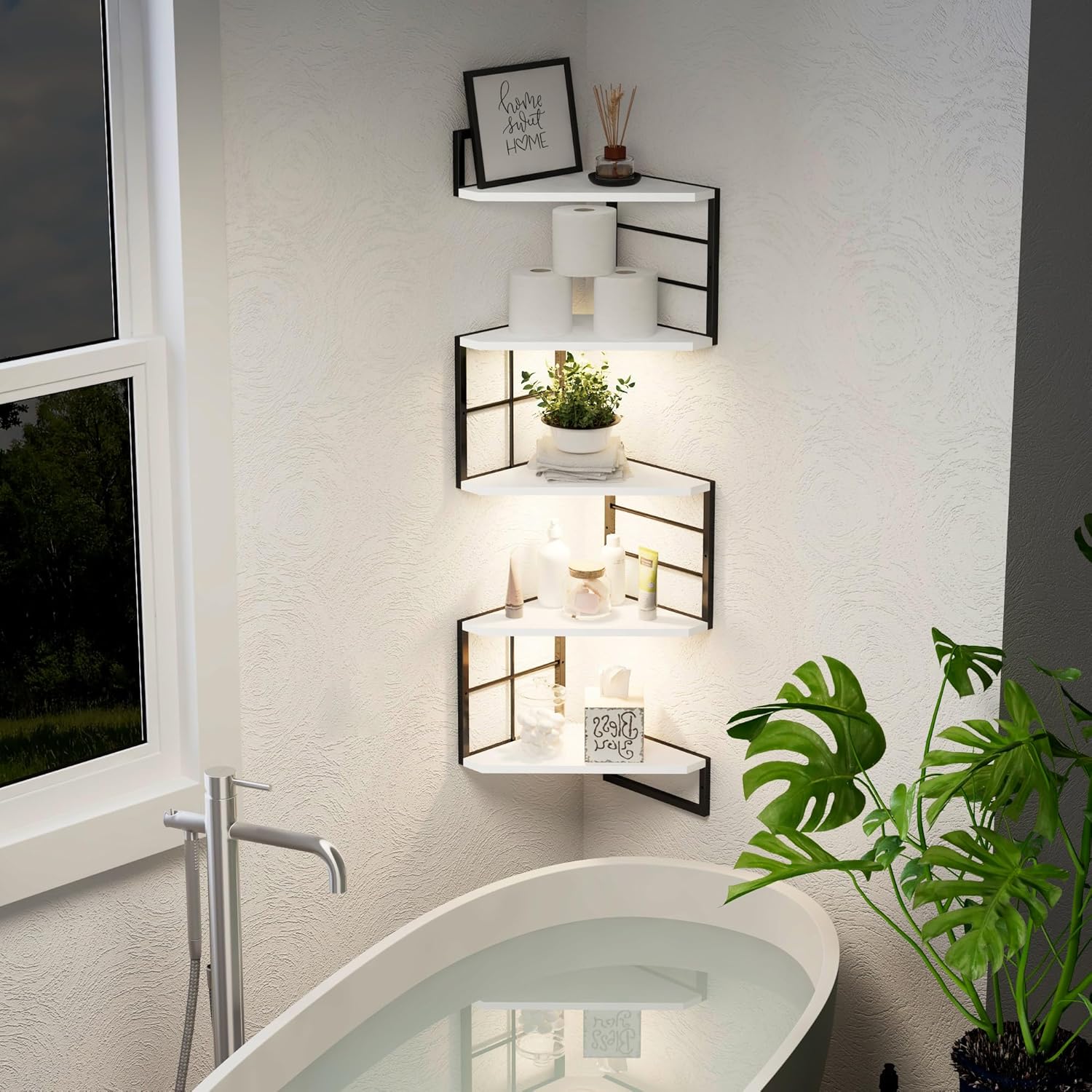 Floating Corner Shelves with Light - 5 Tiers Metal White