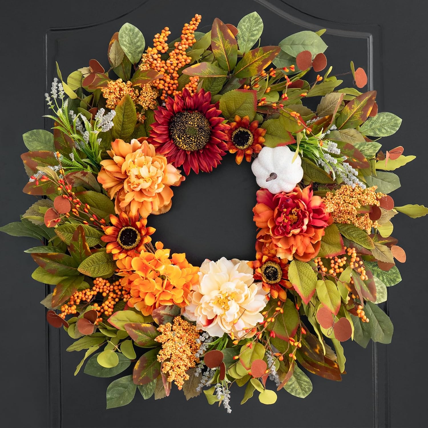 24 Inch Fall Wreath with Peonies Sunflowers and Pumpkins