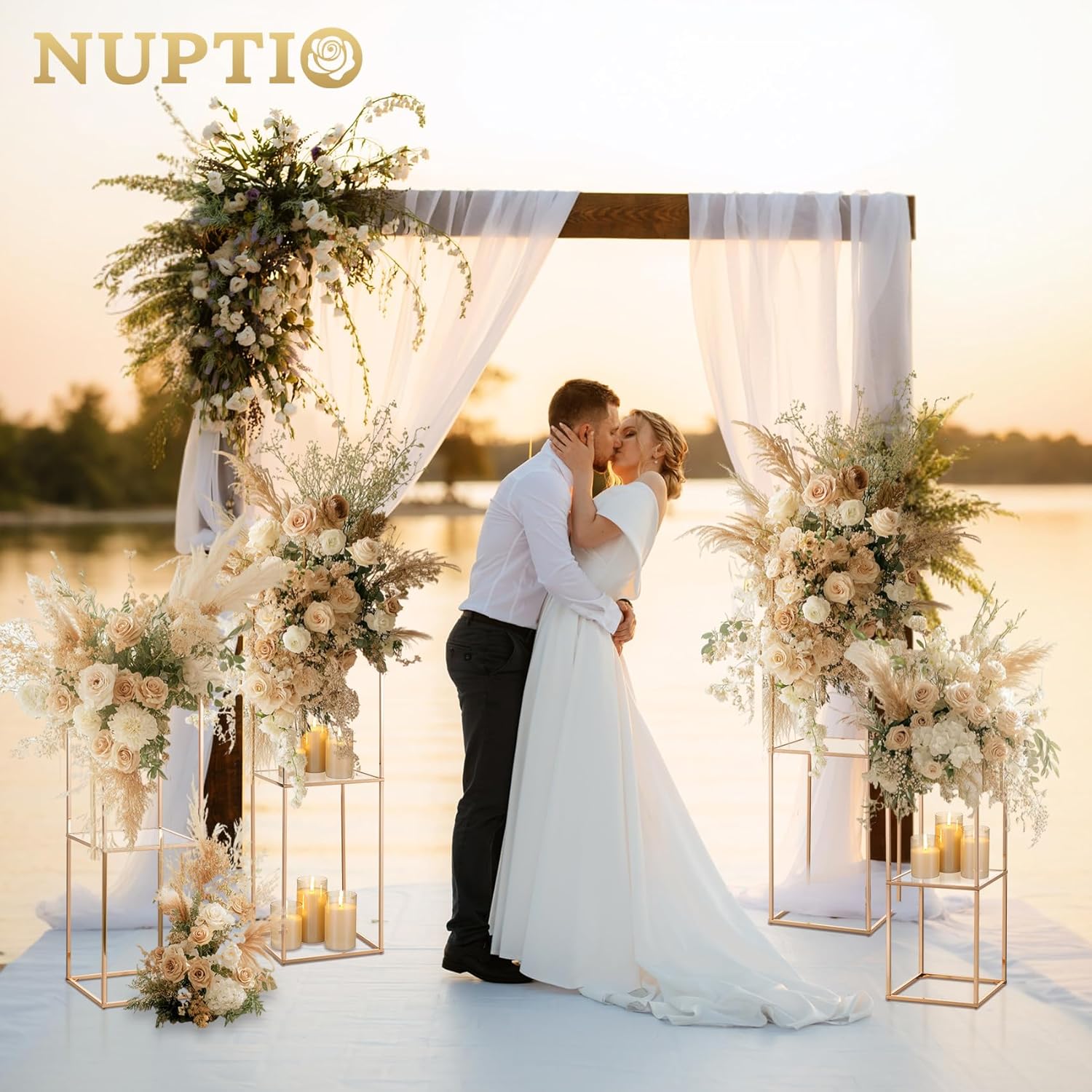 NUPTIO Gold Flower Stand 3 Pcs 2-Layer Tall Pedestal
