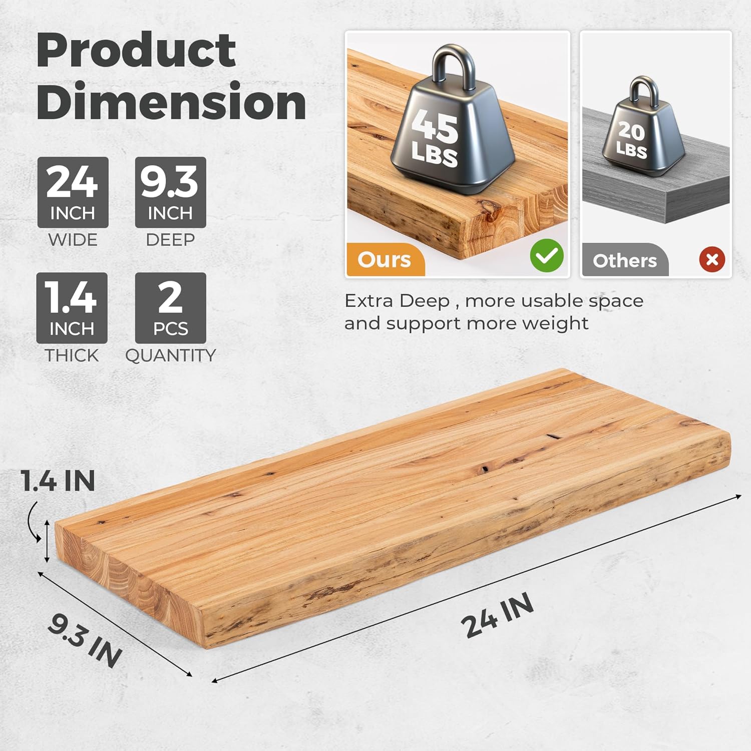 RICHFOCUS Live Edge Elm Floating Shelves Set of 2