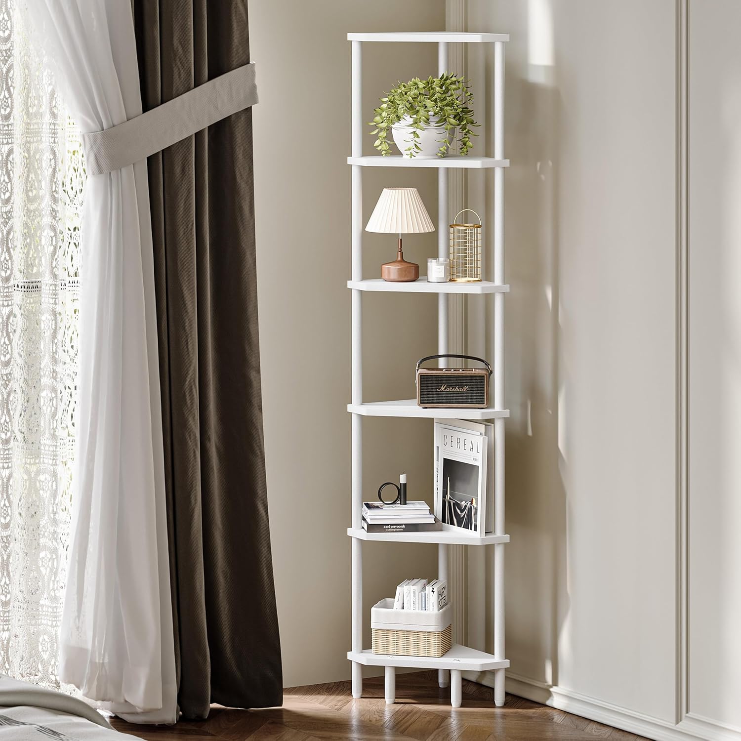 6 Tier Corner Shelf White Modern Bookcase