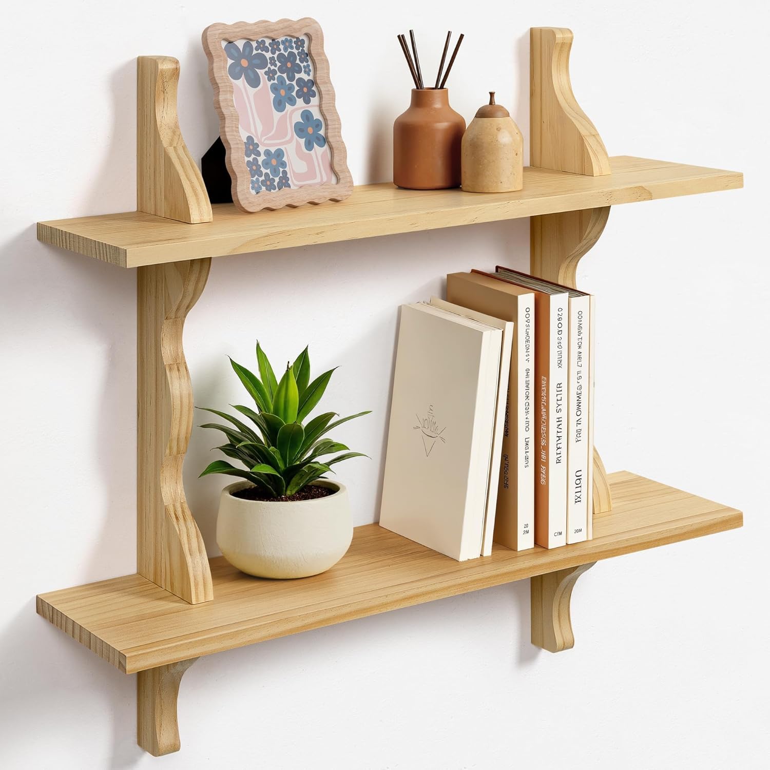 Mazjoaru 24 Inch Pine Wood Floating Shelf Unit