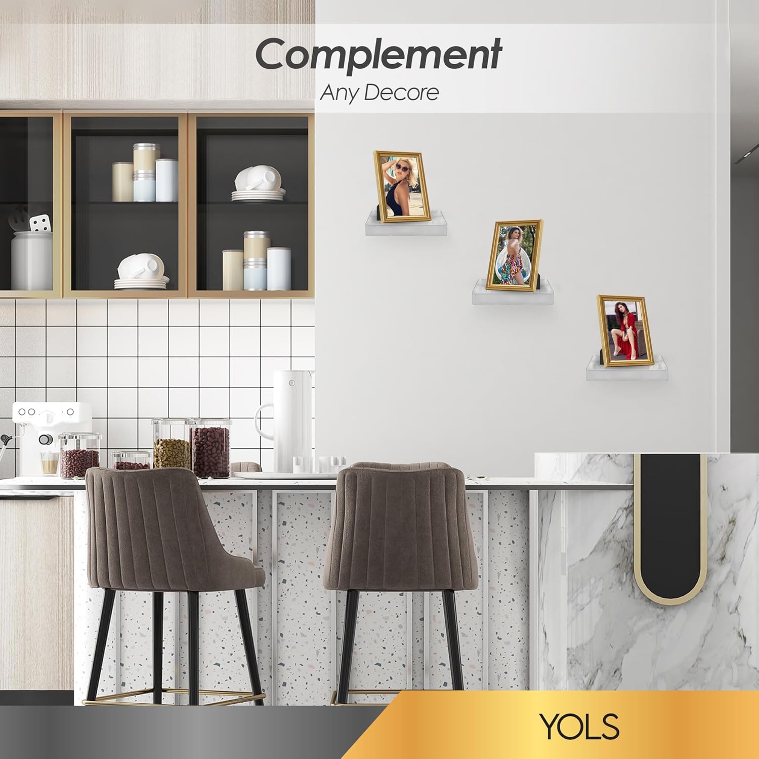 YOLS Small Floating Shelf Set of 3 Square Silver Metal with Clear Acrylic