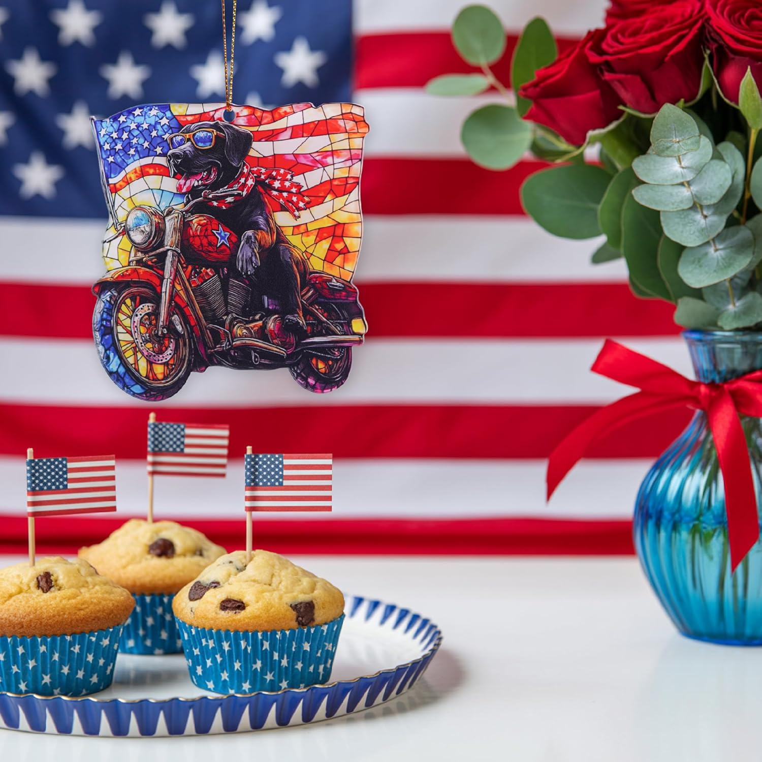 Patriotic Motorcycle Dog Acrylic Ornament 4 Inch
