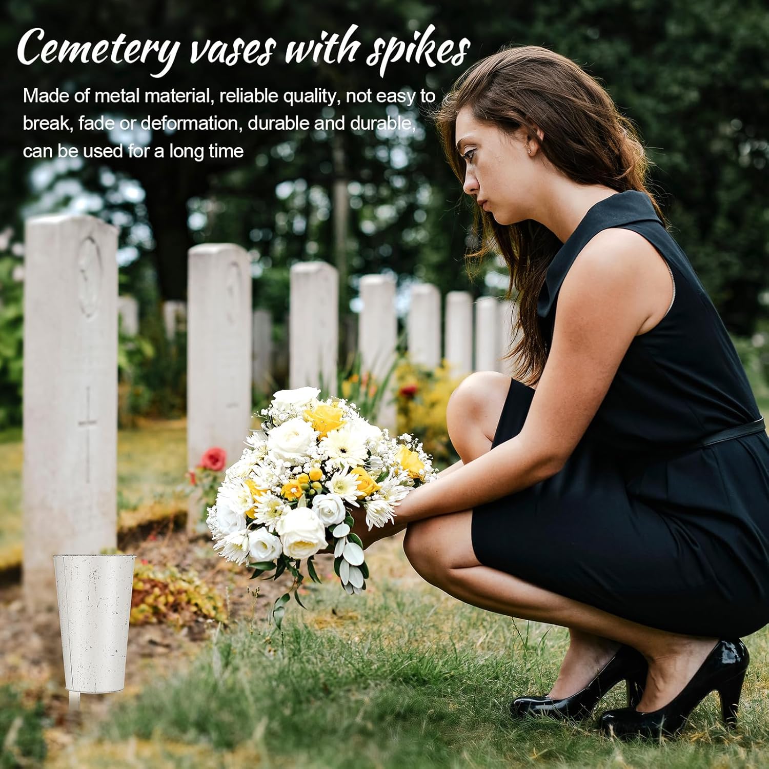 Uiifan 2 Pcs Metal Cemetery Vases with Stake