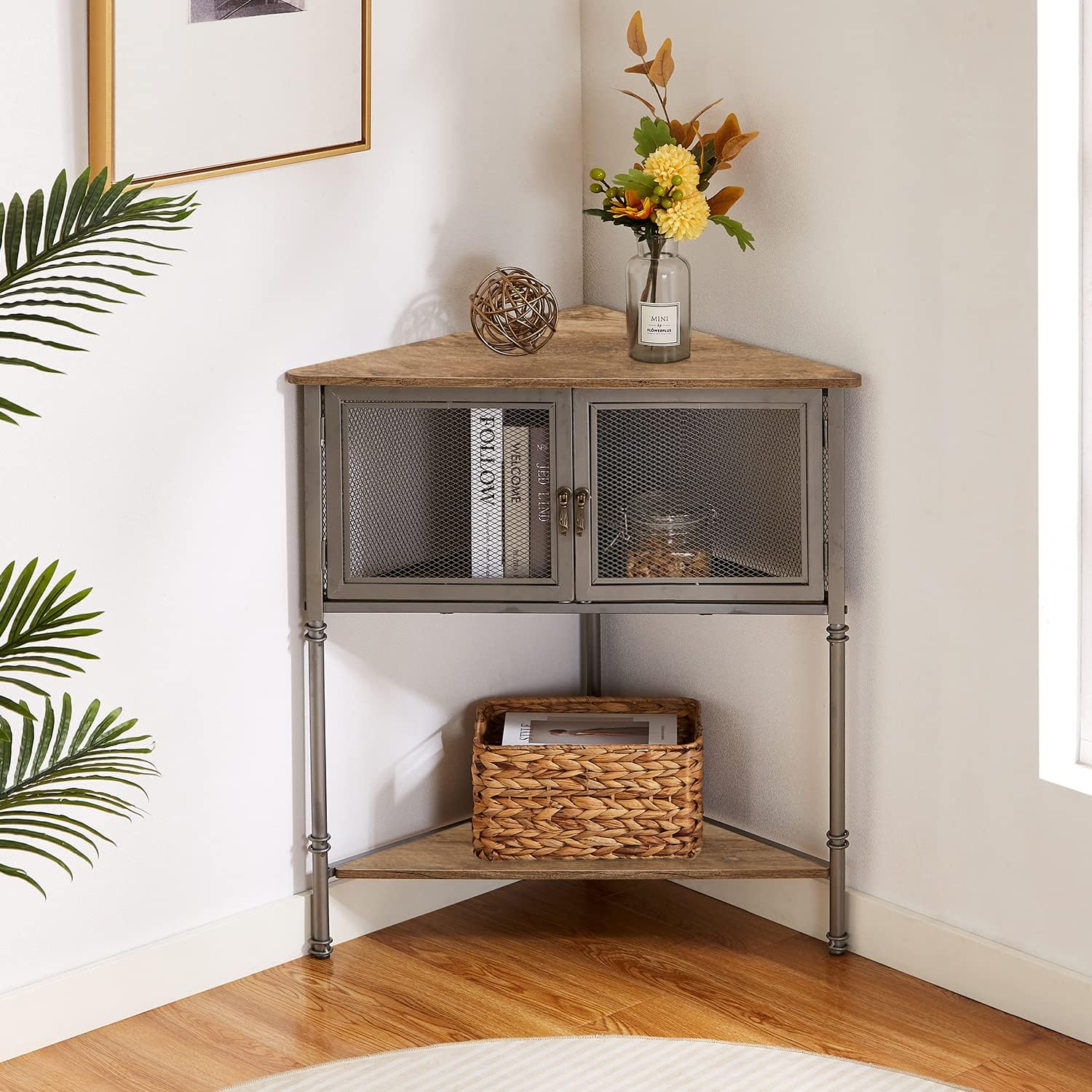 VECELO 3-Tier Corner Shelf with Storage Cabinet Grey