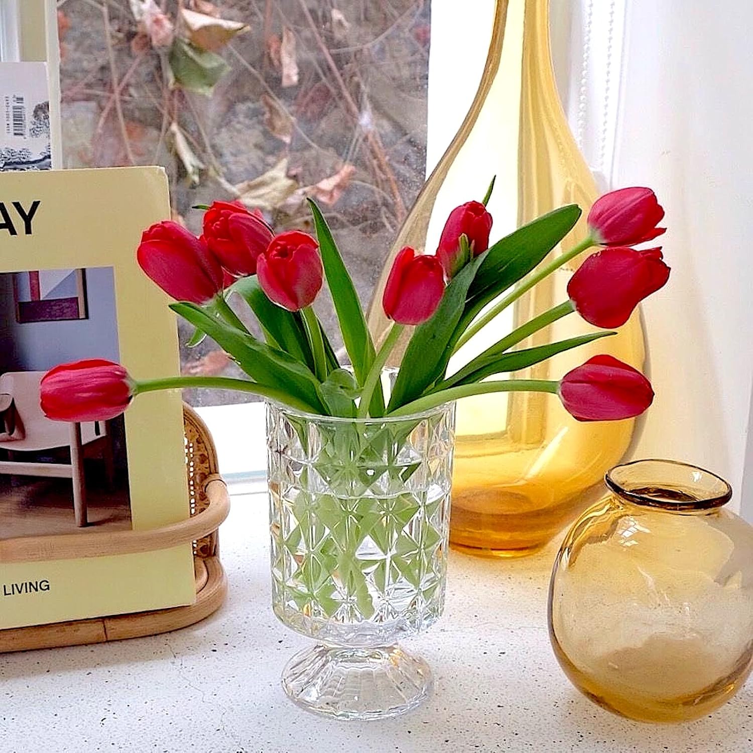 BLOFLO Embossed Glass Vase 7 Inch Crystal