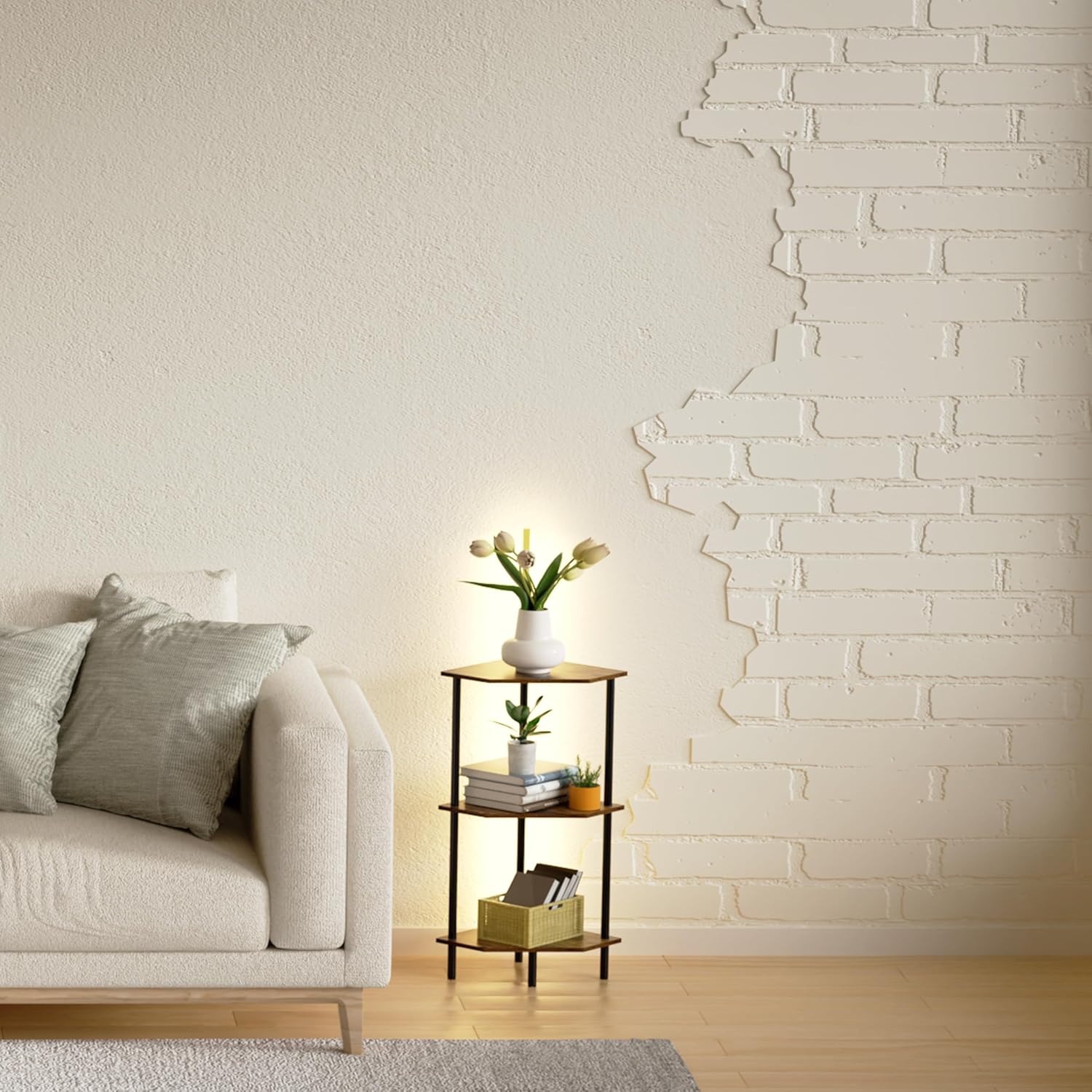 3 Tier Corner Shelf with LED Light and Metal Frame