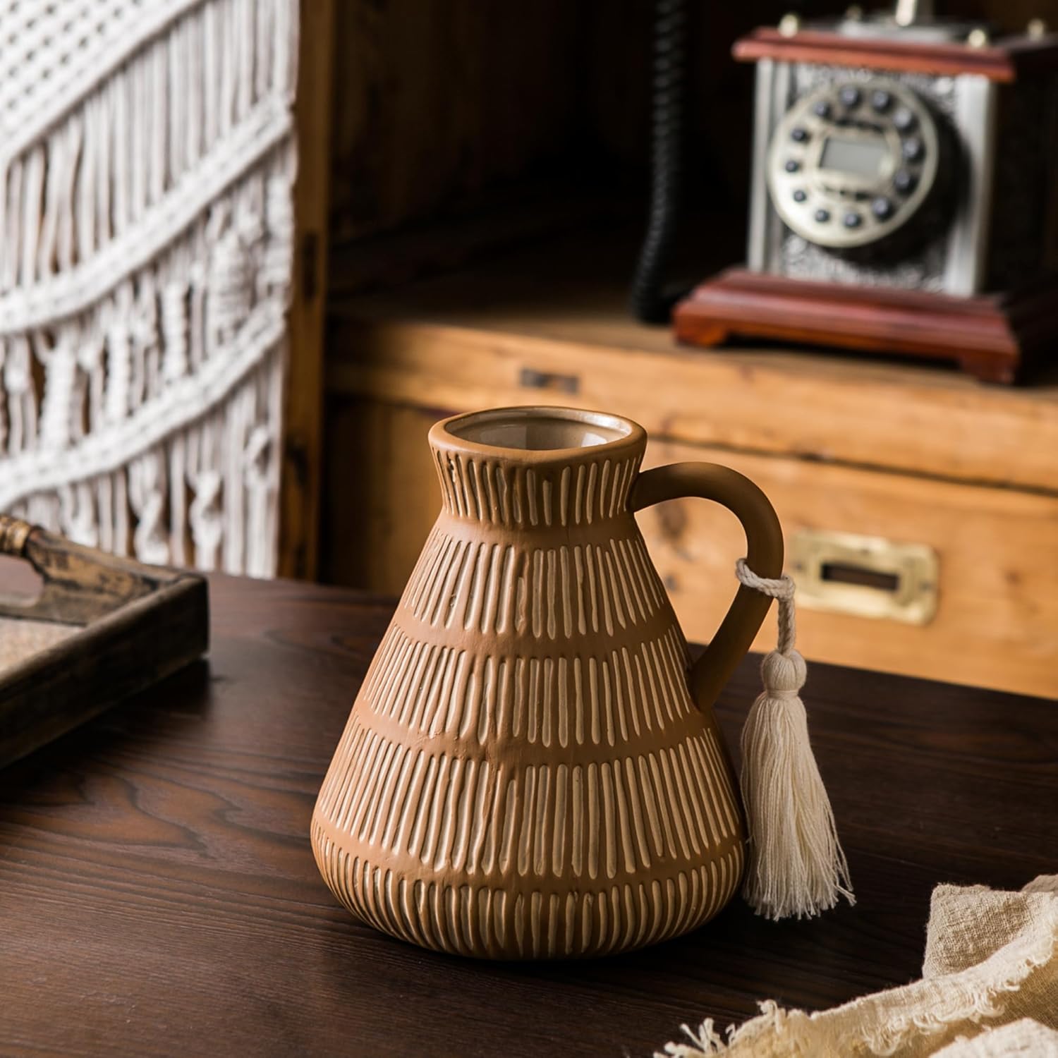 Rustic Farmhouse Vase with Handle and Tassel
