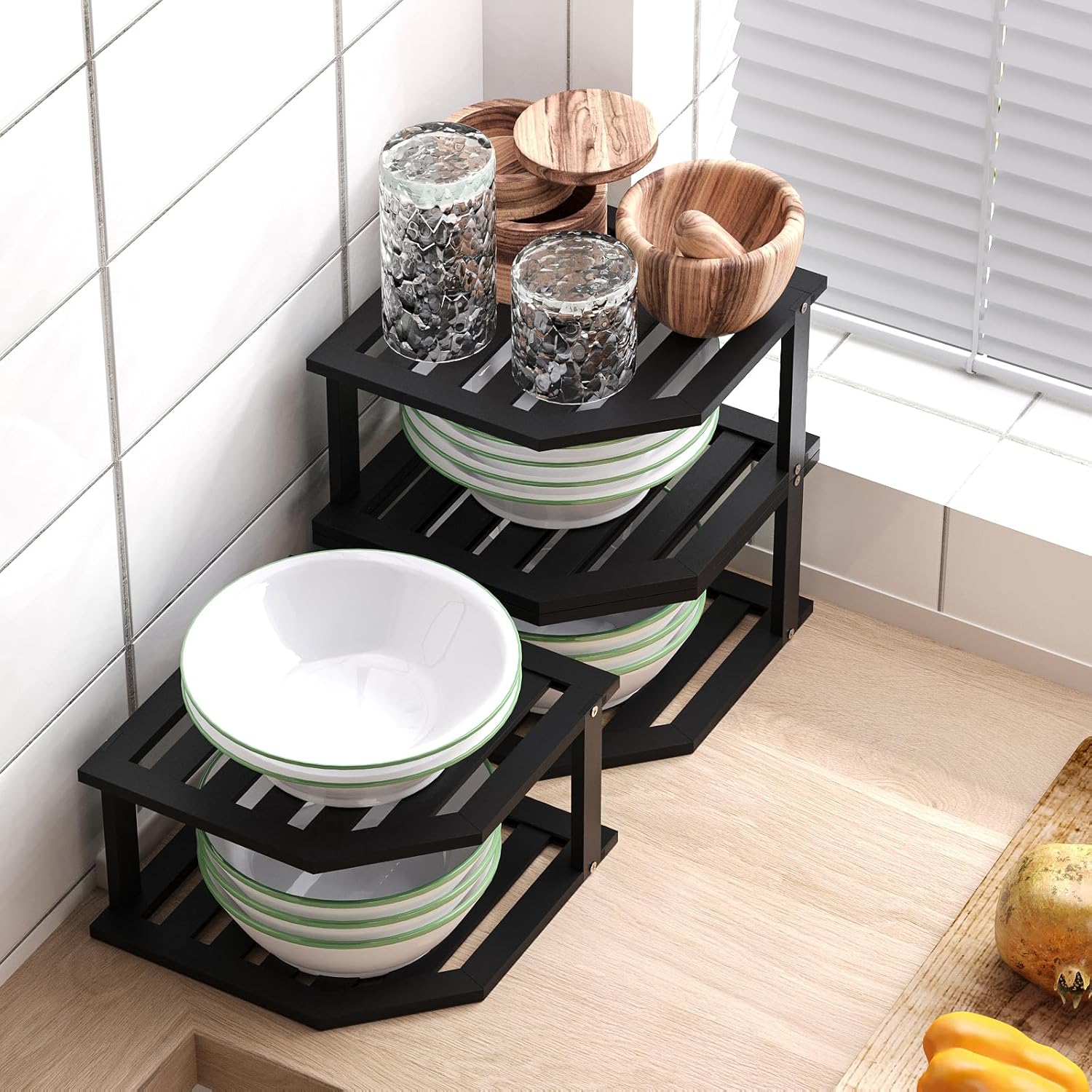 VERTORGAN Bamboo Corner Shelf 3 Pack 2 Tier Organizer Black