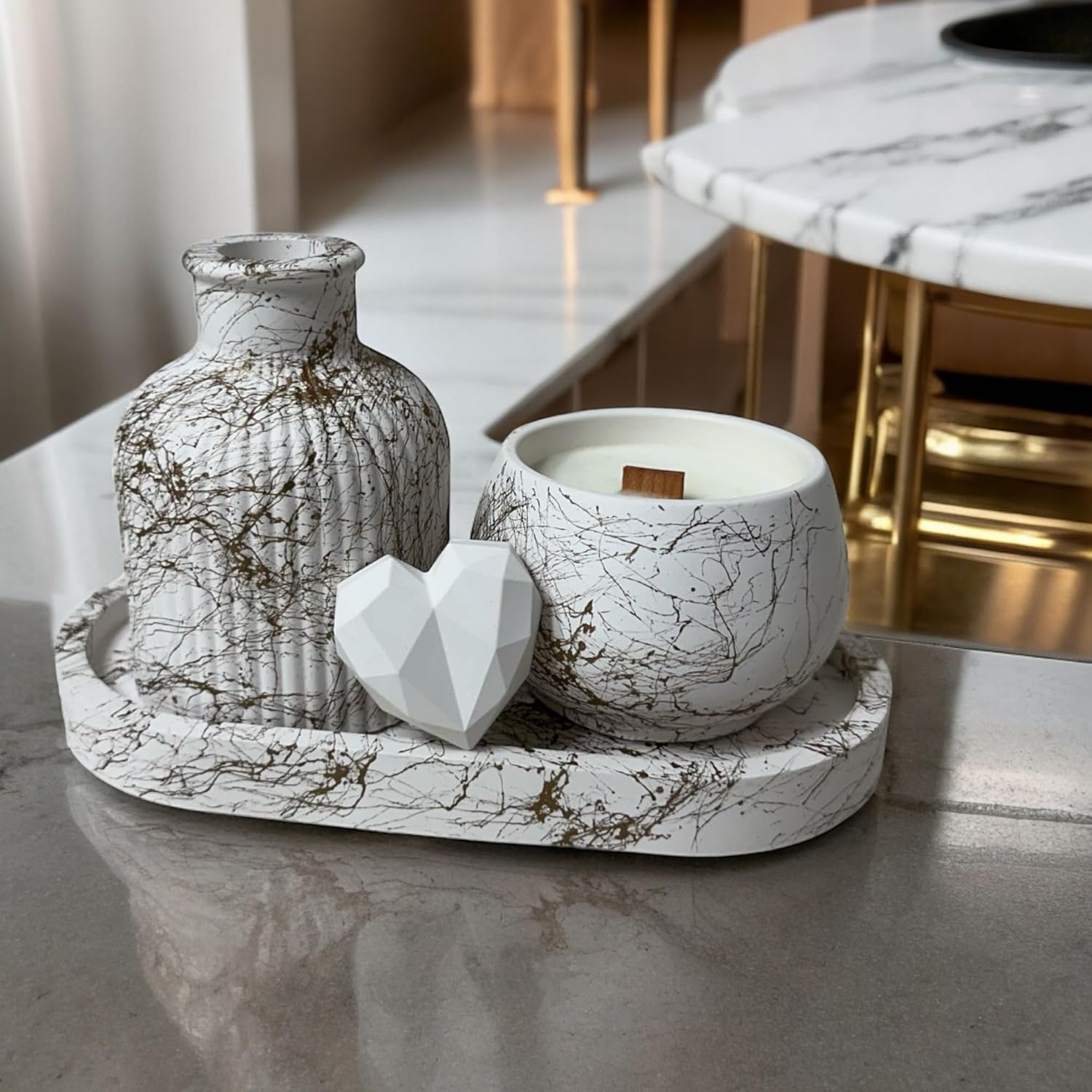 Gold White Decor Set of 3 Handmade Gypsum