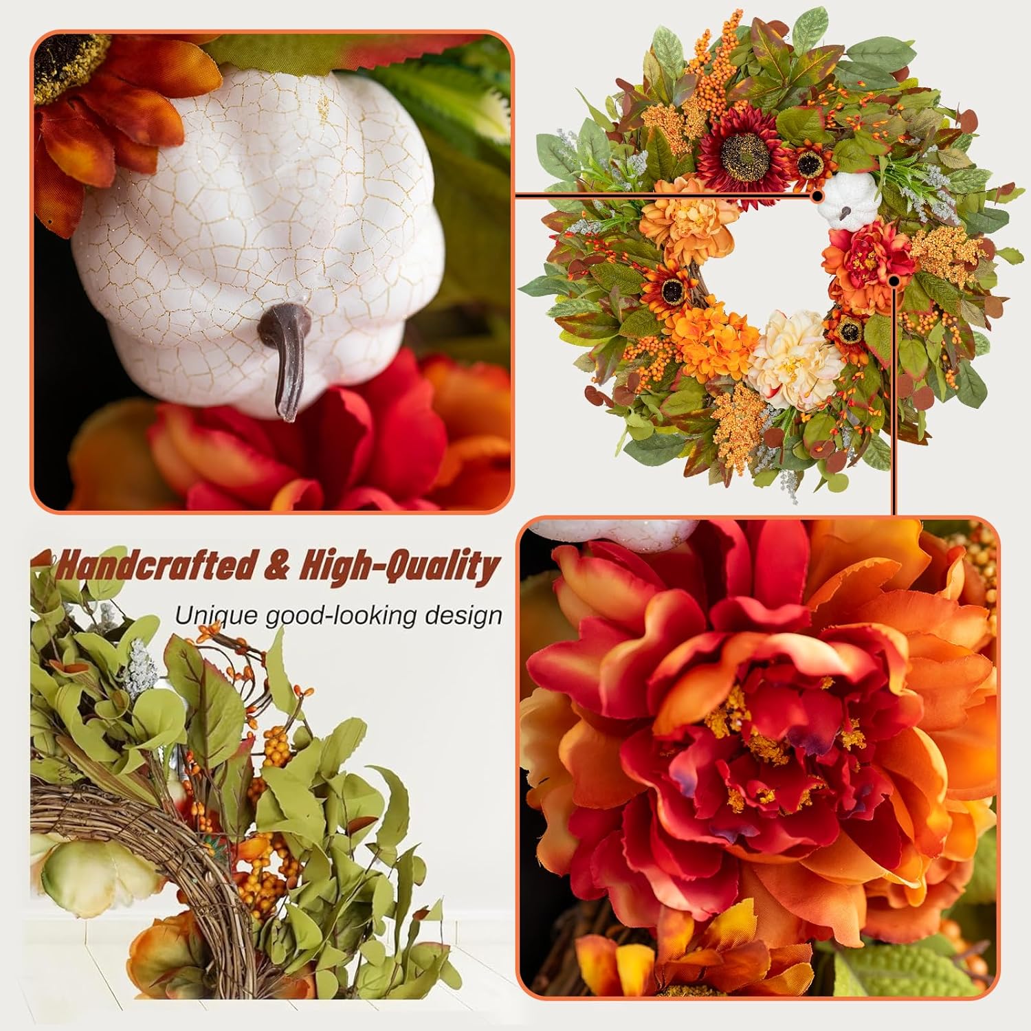 24 Inch Fall Wreath with Peonies Sunflowers and Pumpkins