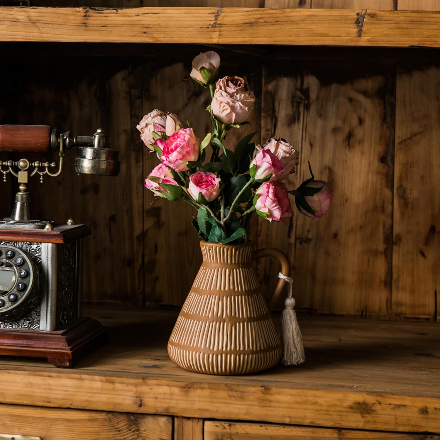 Rustic Farmhouse Vase with Handle and Tassel