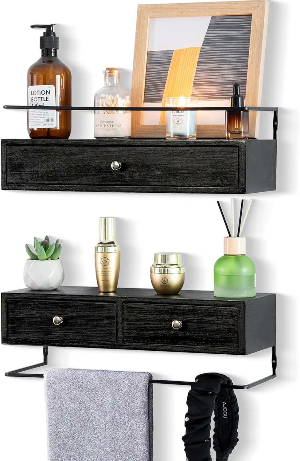 Rustic Floating Shelves with Drawer Set of 2 Black