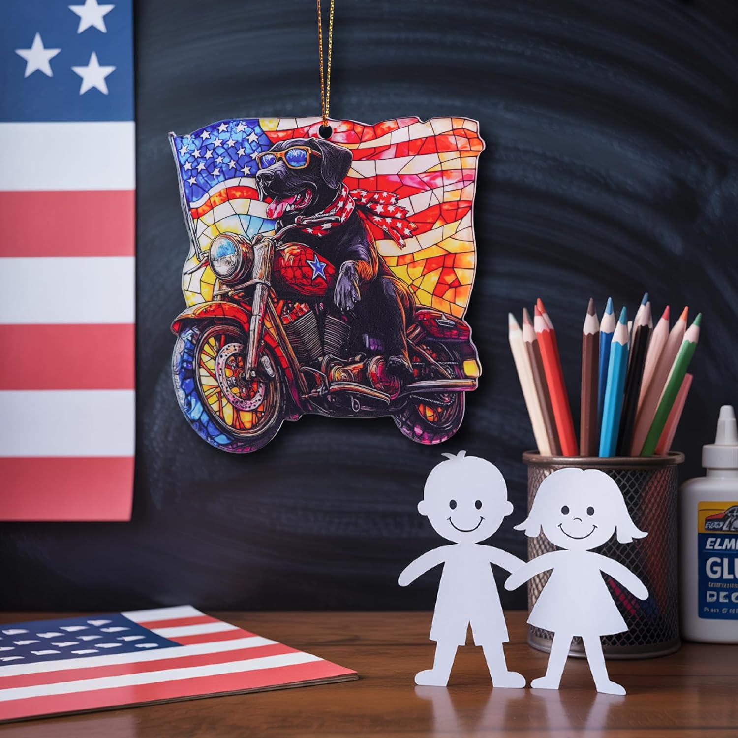 Patriotic Motorcycle Dog Acrylic Ornament 4 Inch