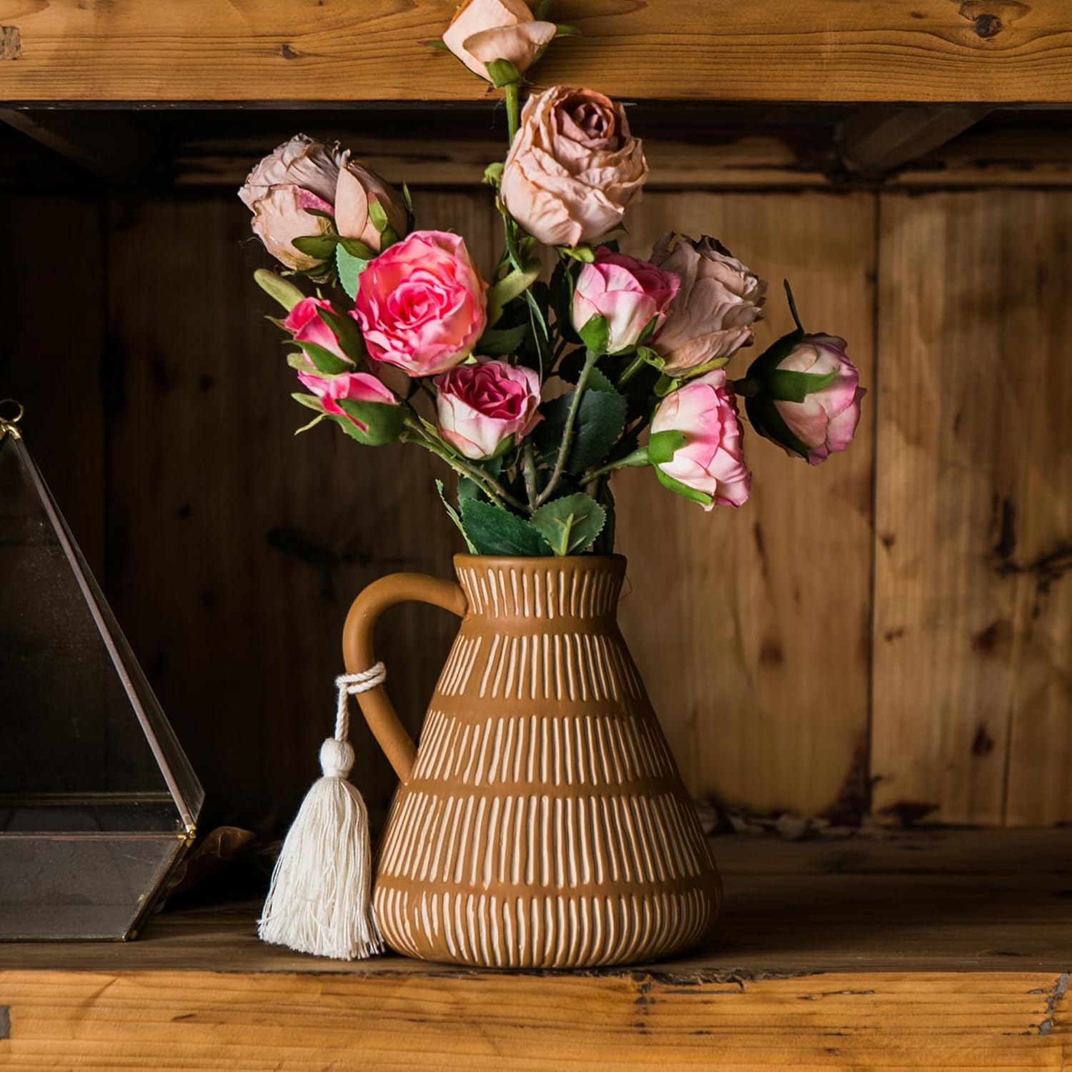 Rustic Farmhouse Vase with Handle and Tassel