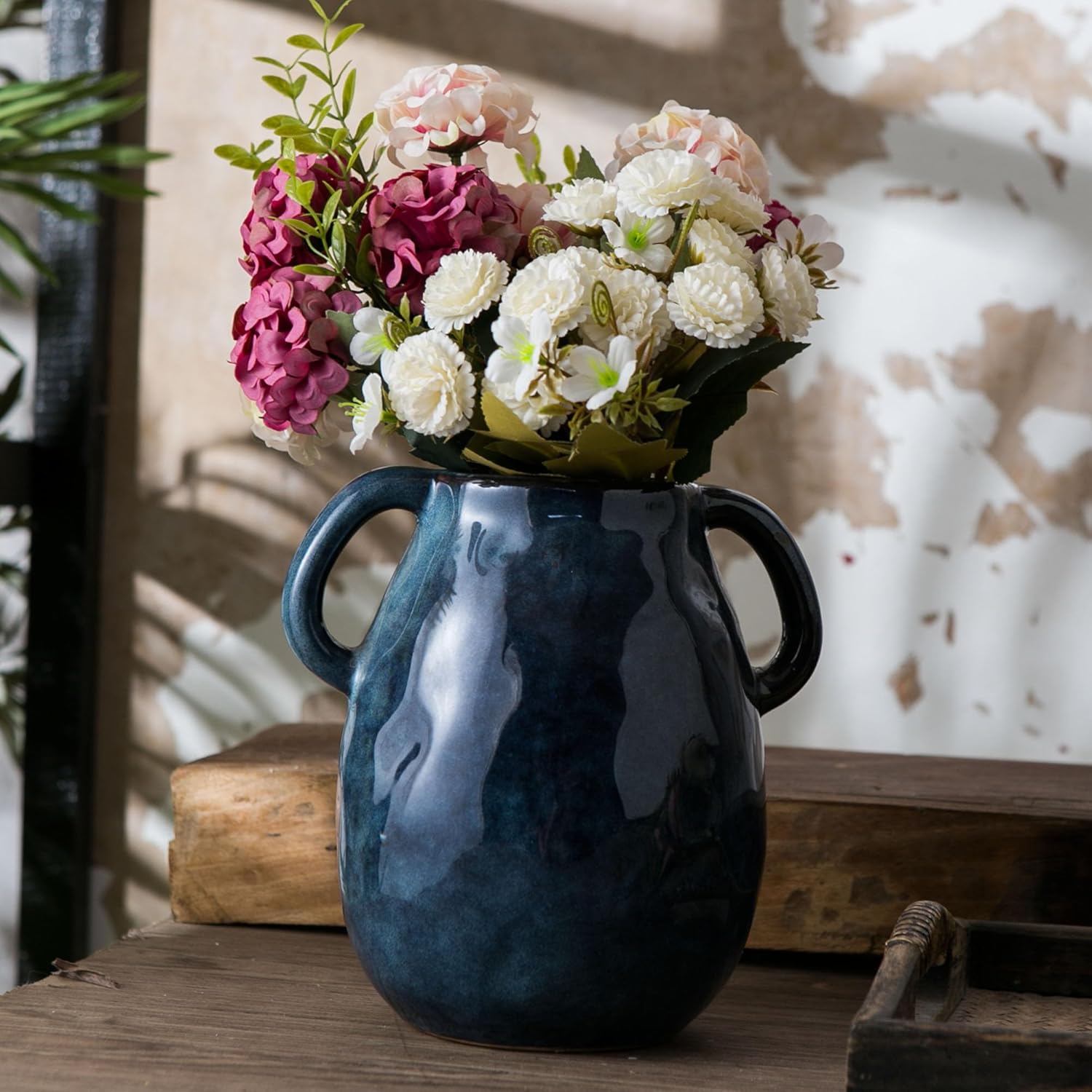 Blue Ceramic Vase with Two Handles for Farmhouse Decor