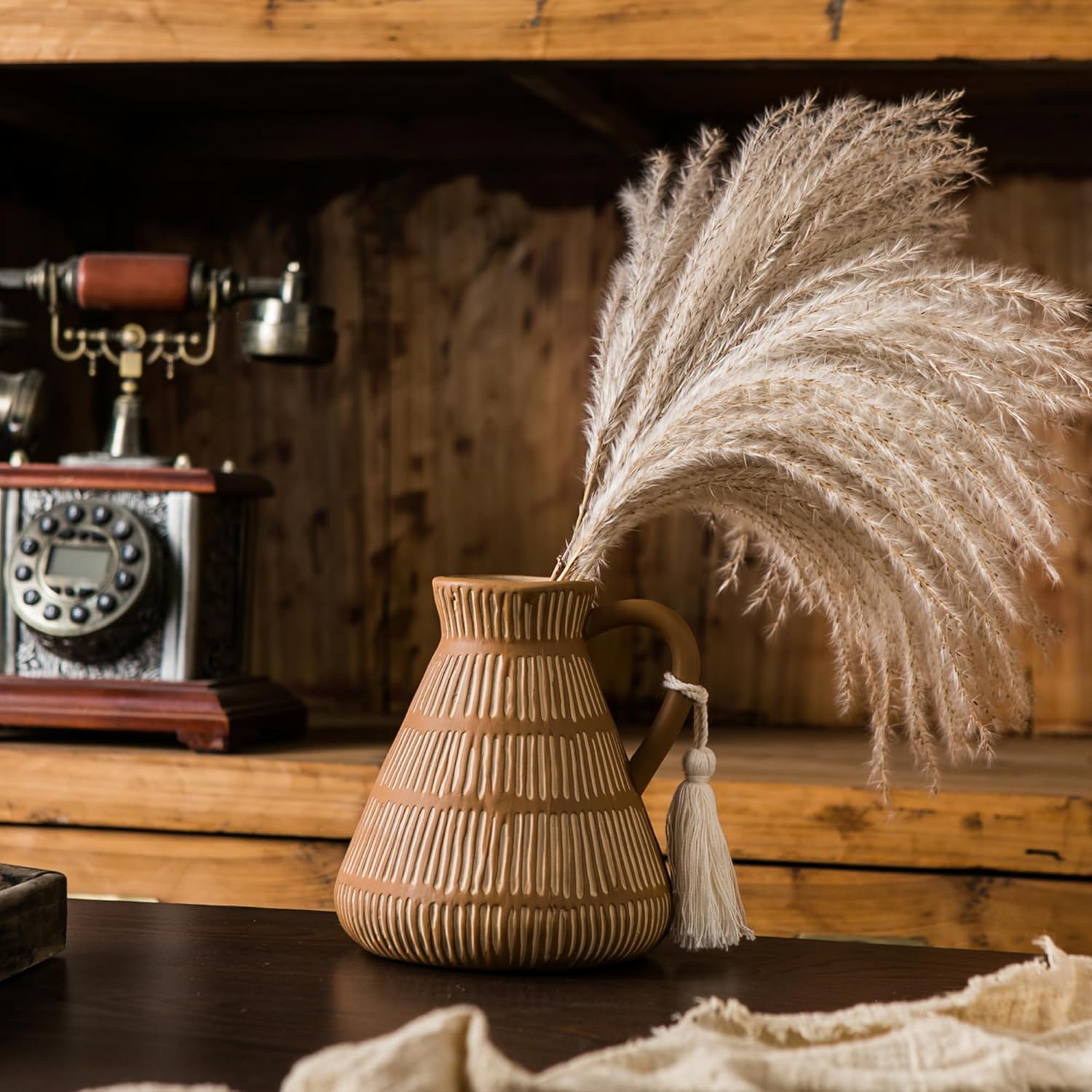 Rustic Farmhouse Vase with Handle and Tassel