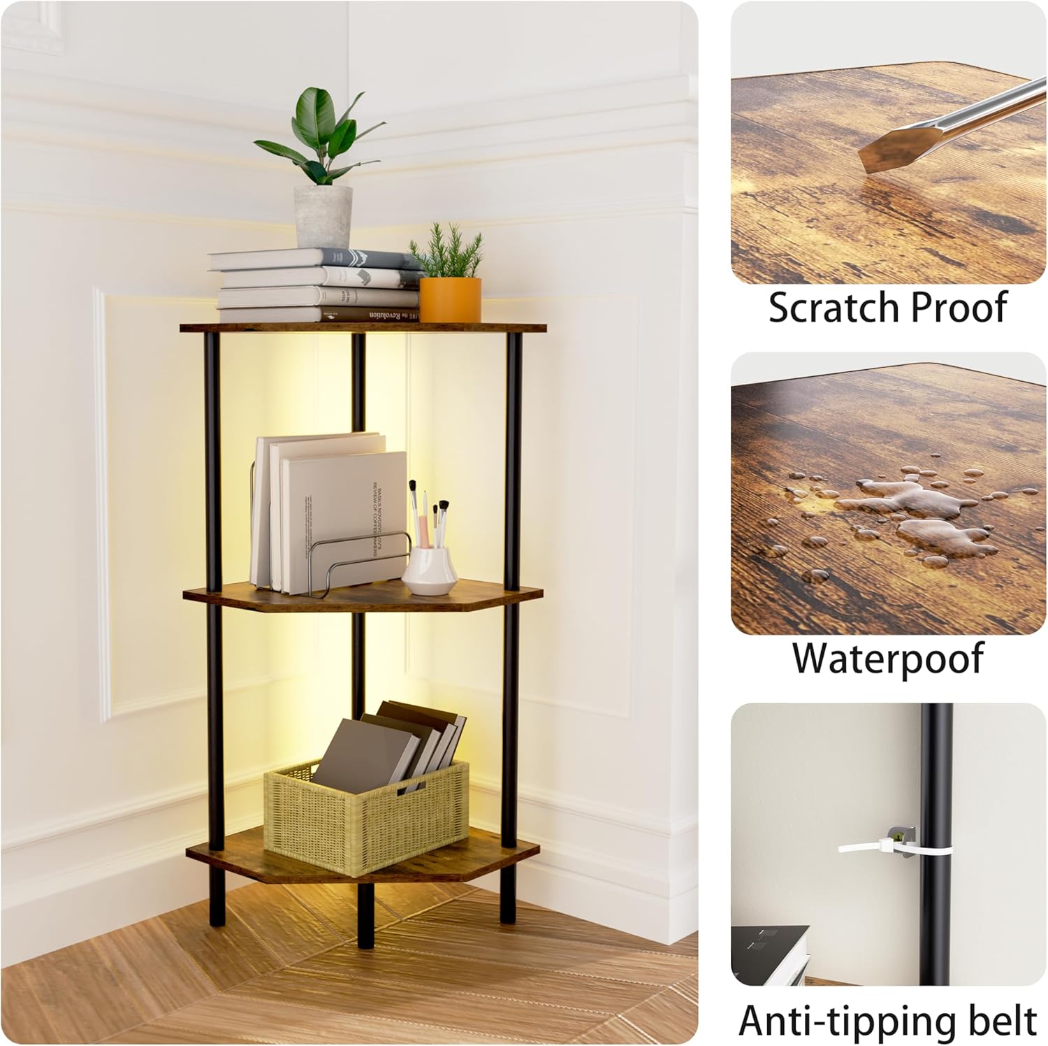 3 Tier Corner Shelf with LED Light and Metal Frame