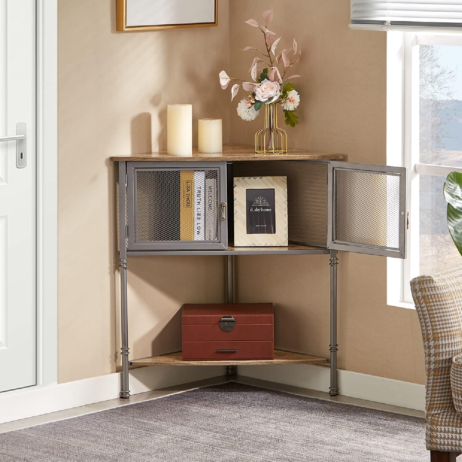VECELO 3-Tier Corner Shelf with Storage Cabinet Grey
