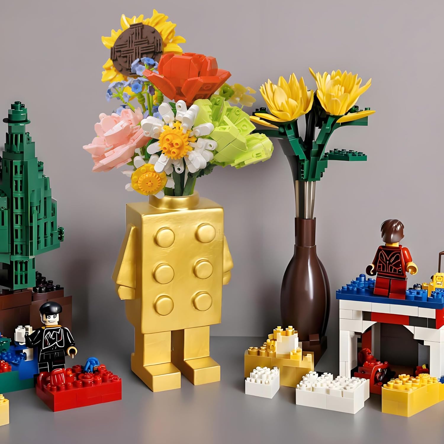 Cute Building Block Vase for Flower Decor in Golden