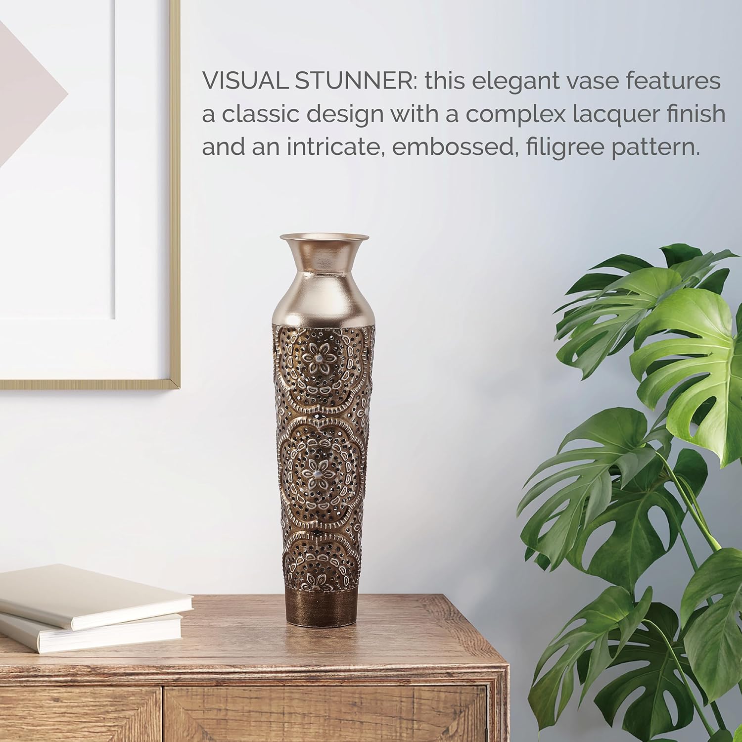 Elements Gold Filigree Embossed Metal Vase 17-Inch