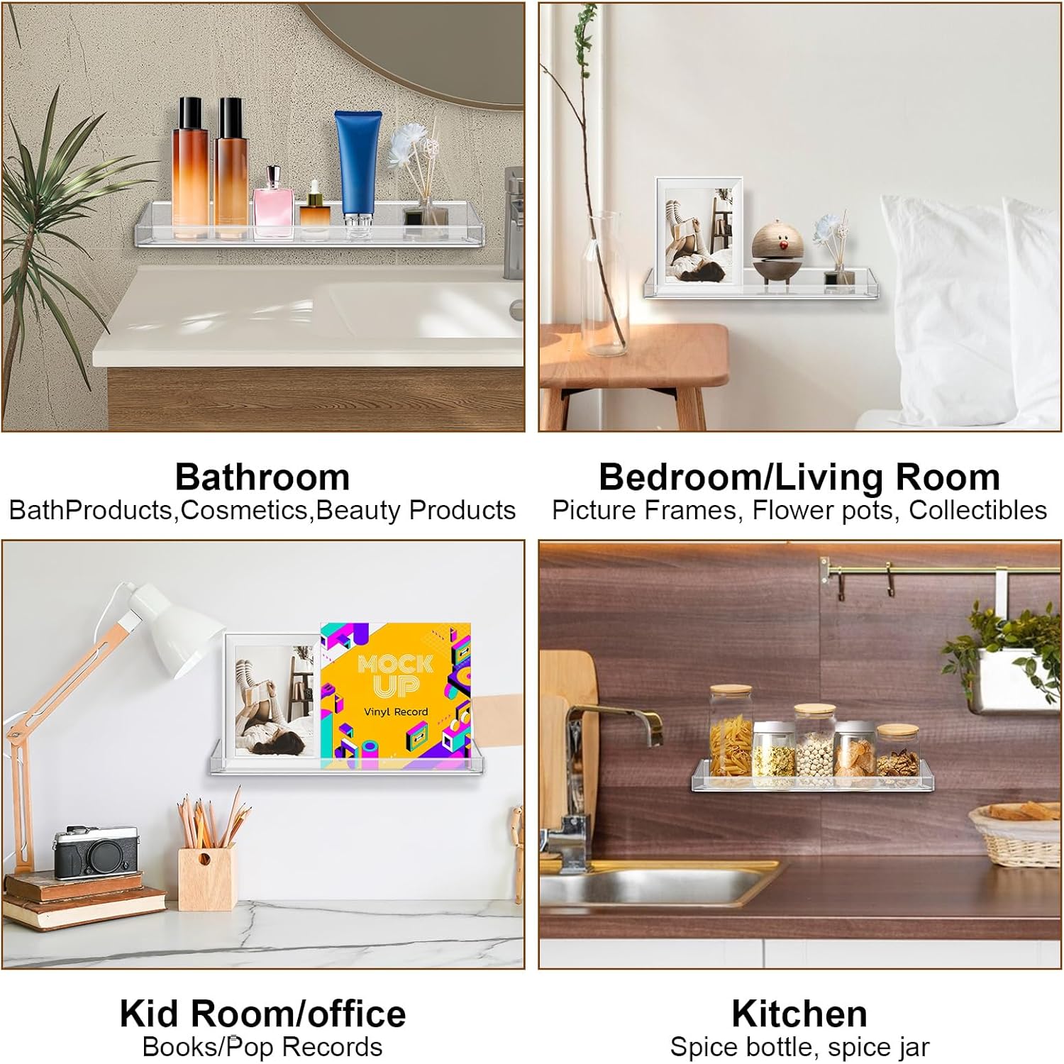4 Pack Acrylic Shelves for Bathroom Wall with Adhesive No Drilling