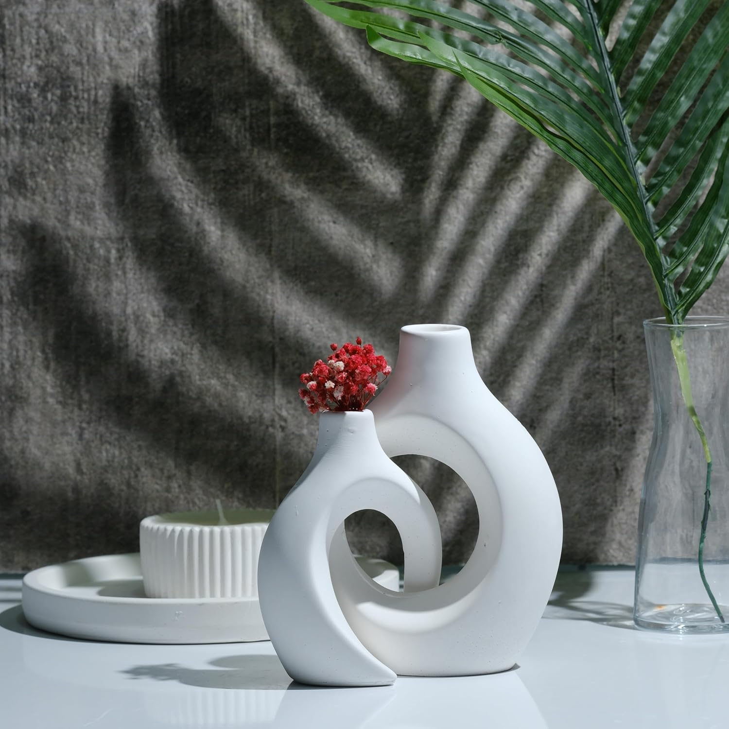 Concrete Floral Vase Set - 3 Piece Modern Minimalist Donut Vases