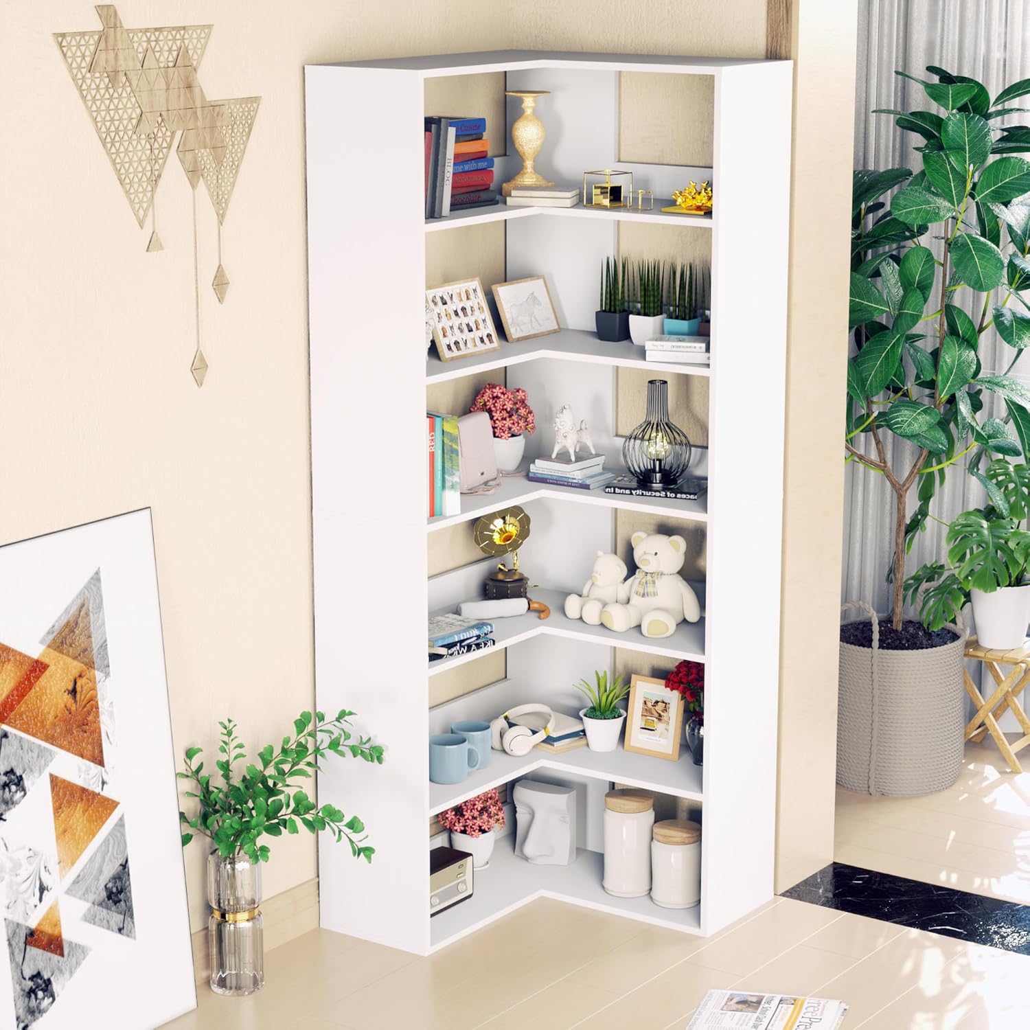 71 Tall White Corner Bookshelf 6 Tier