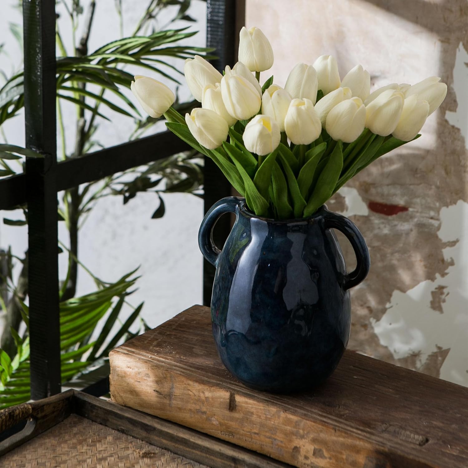Blue Ceramic Vase with Two Handles for Farmhouse Decor