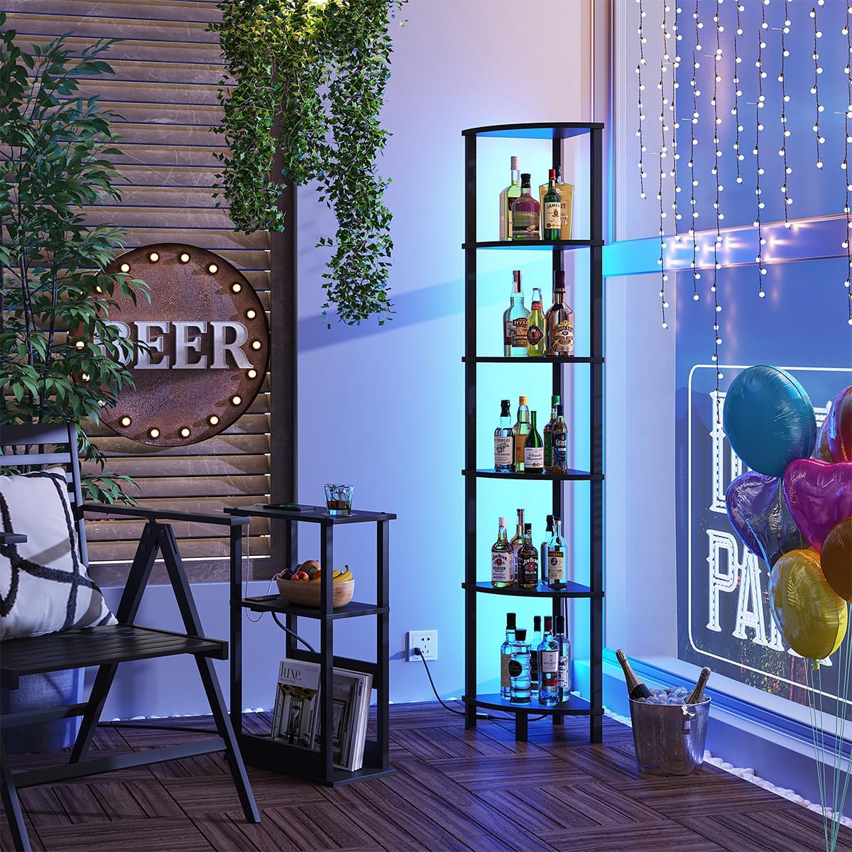 6-Tier Corner Shelf with LED Light Sturdy Black Frame