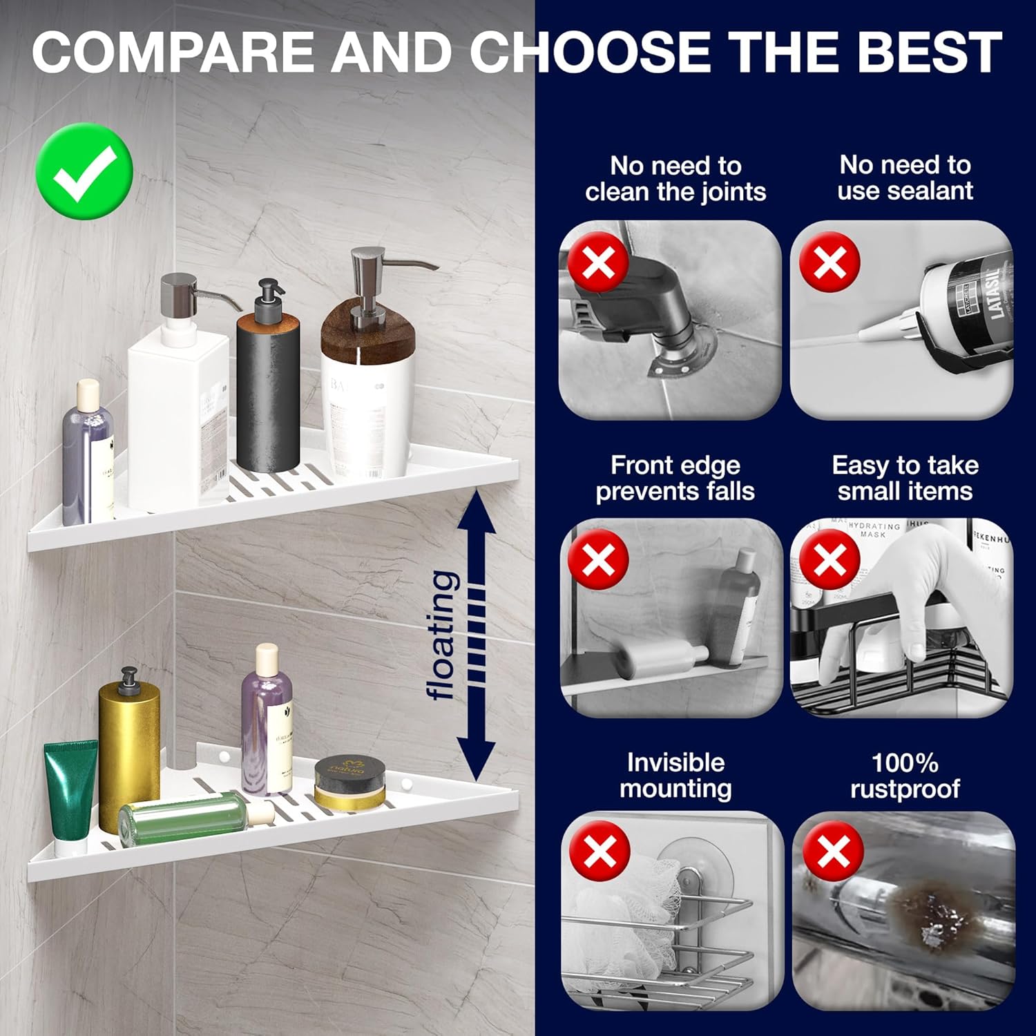 Corner Shower Shelf - Adhesive No Drill Installation