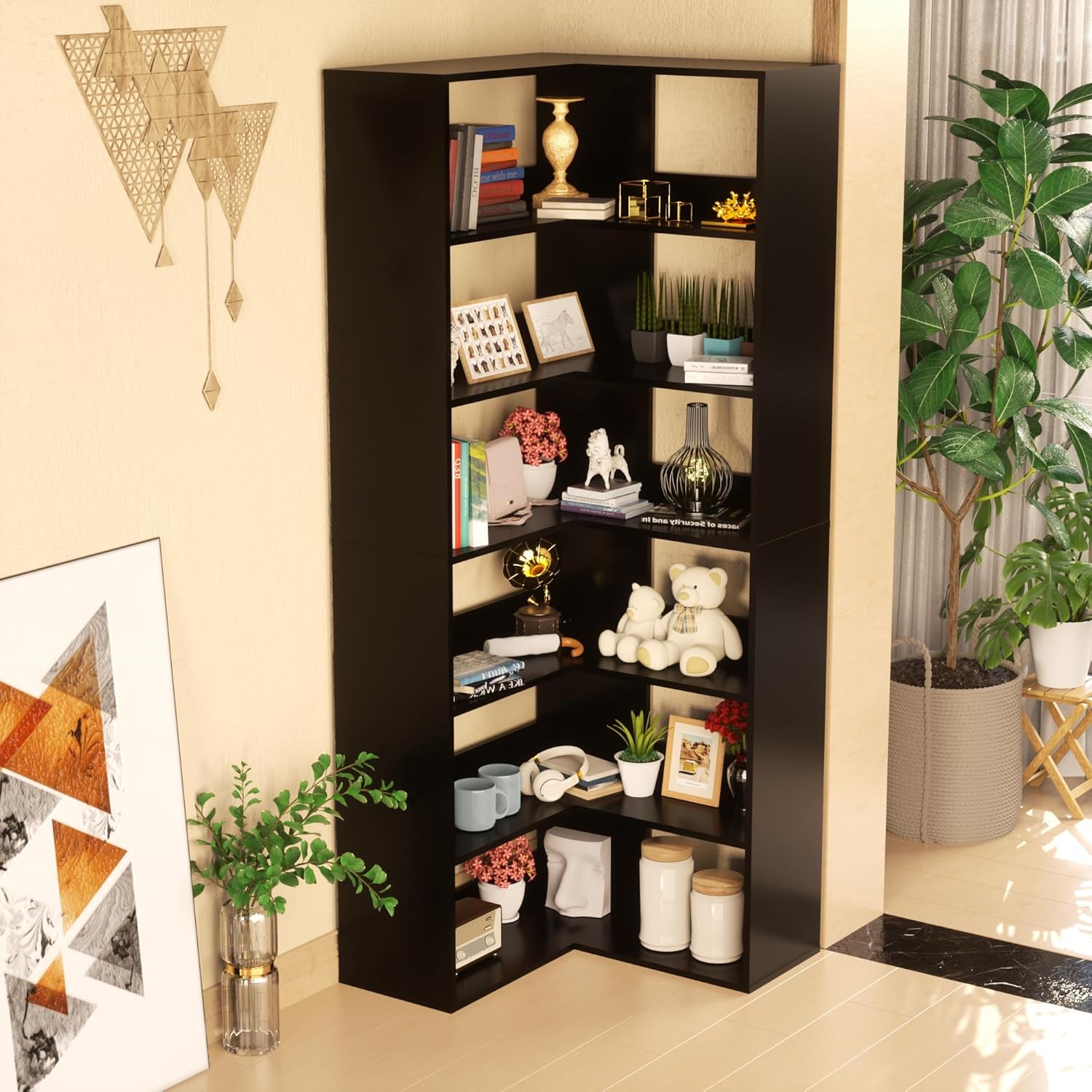 71 Tall Black Corner Bookshelf 6 Tier L-Shape