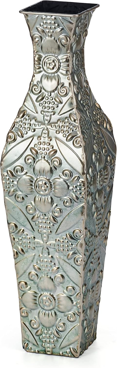 Elements Embossed Blue Metal Vase 17-Inch