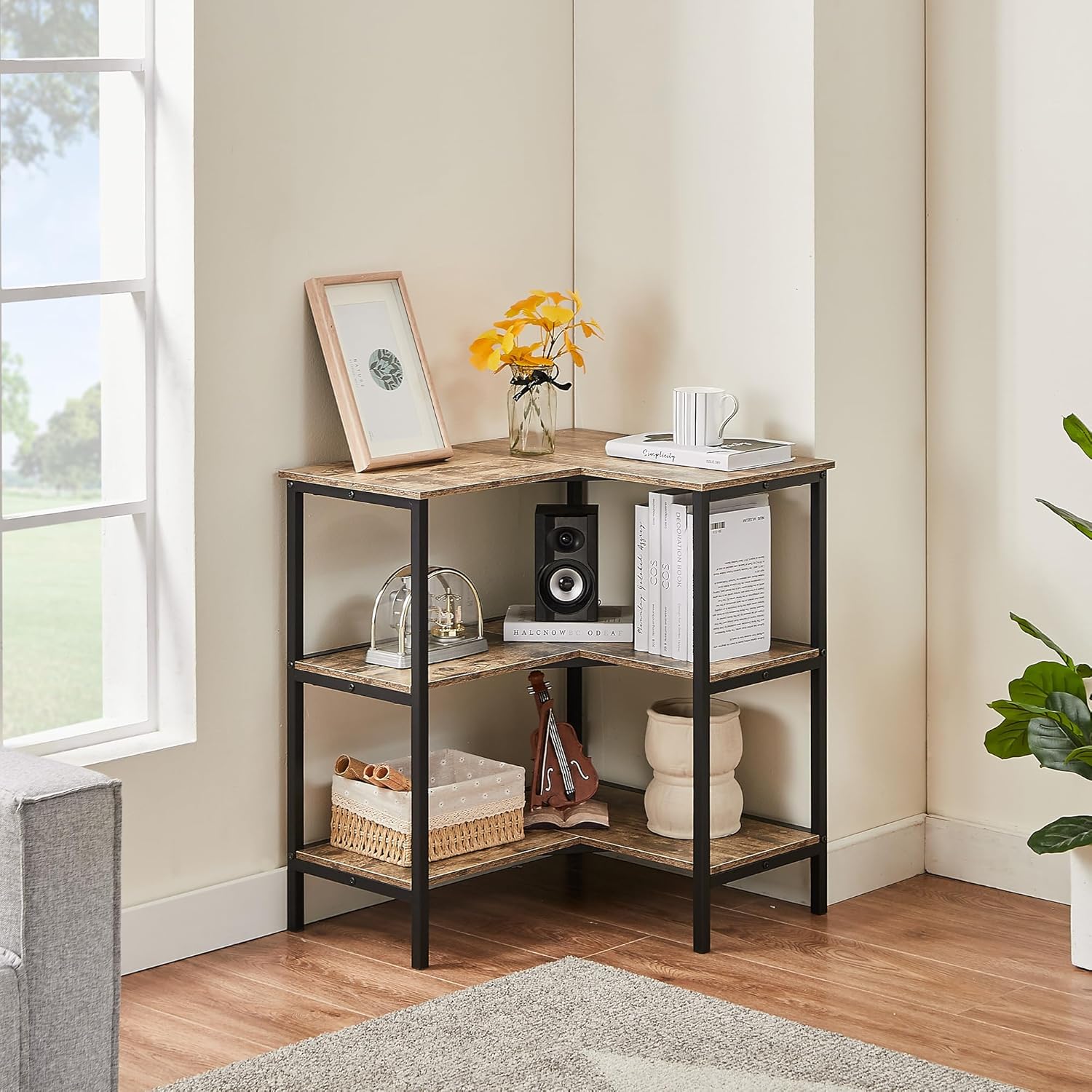 VECELO Corner Cabinet Table with 3 Tier Open Shelf Grey