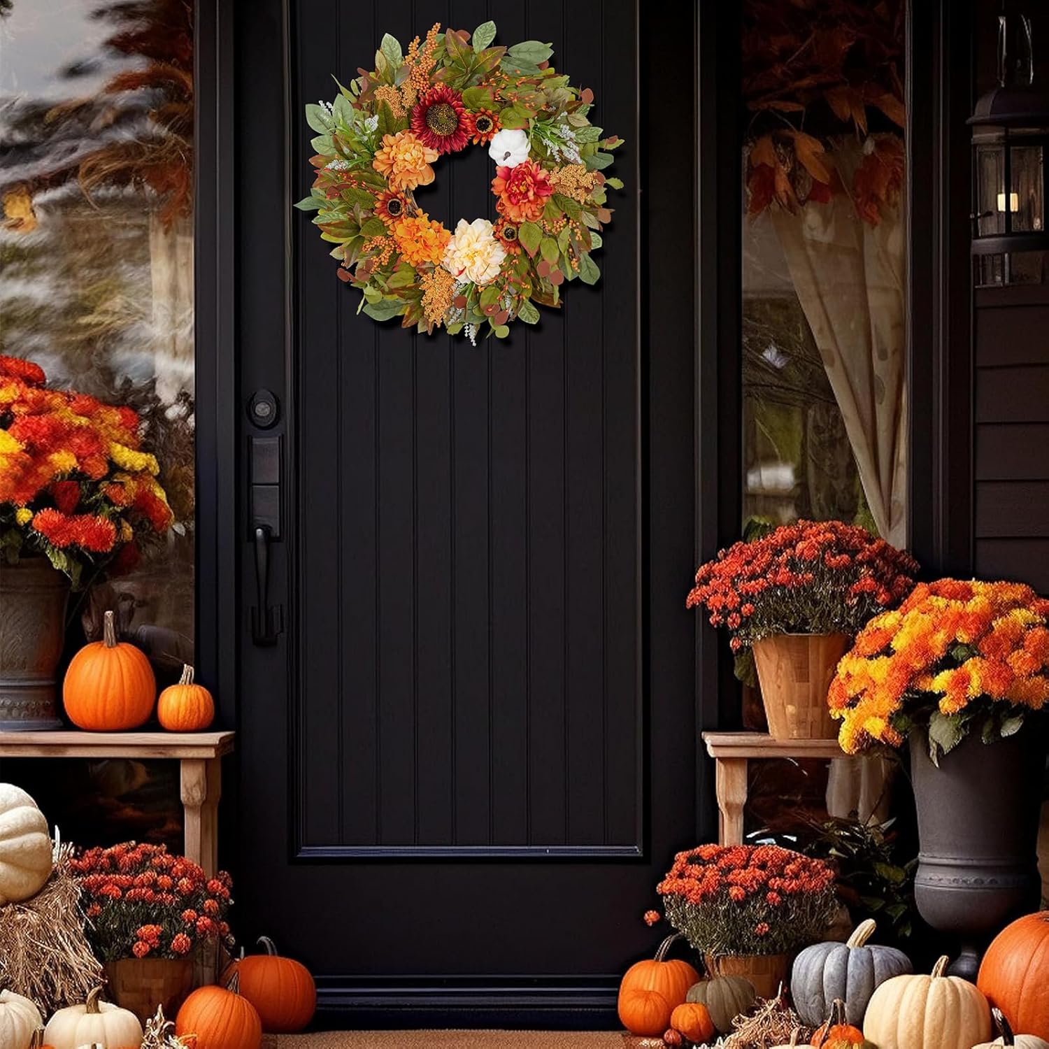 24 Inch Fall Wreath with Peonies Sunflowers and Pumpkins