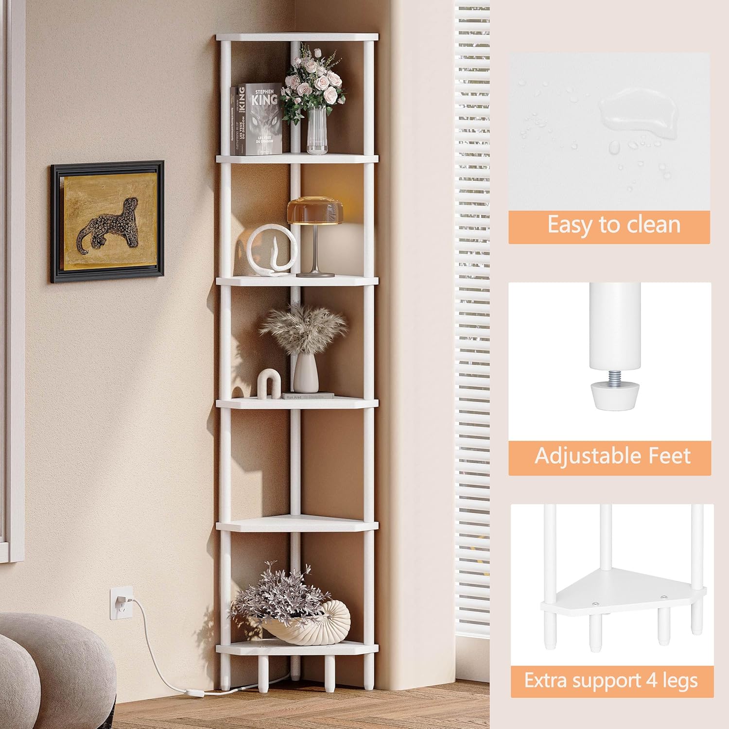 6 Tier Corner Shelf White Modern Bookcase