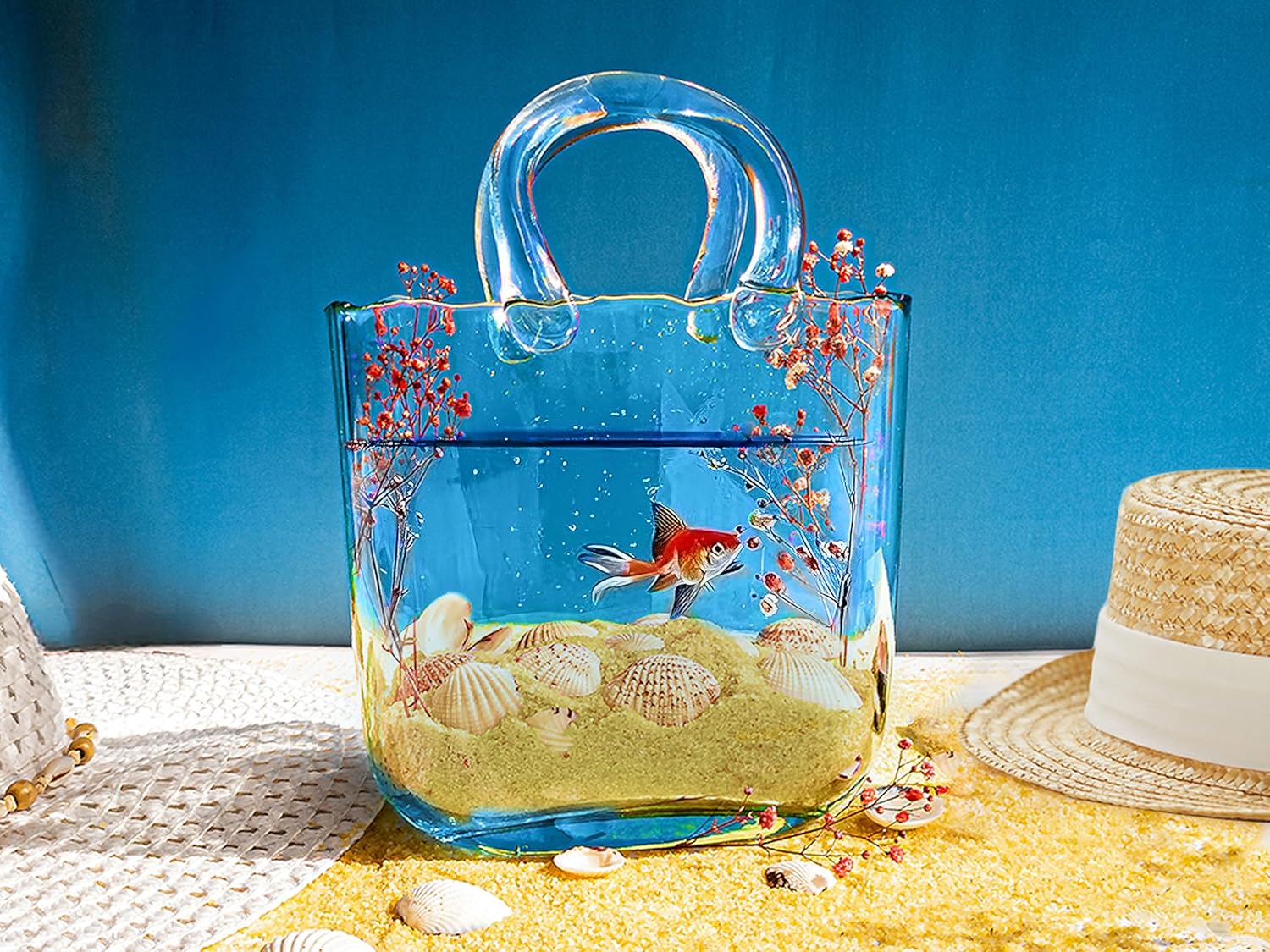 OLEEK Handmade Glass Purse Vase - 10 Inches Blue