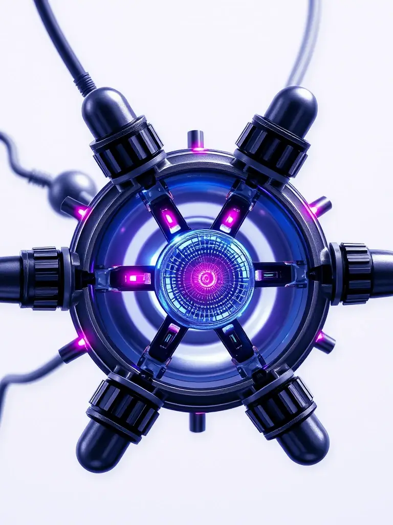 A detailed, artistic rendering of an atomic digital connector, highlighting its intricate structure and seamless integration with digital networks. The image should convey precision and advanced technology.