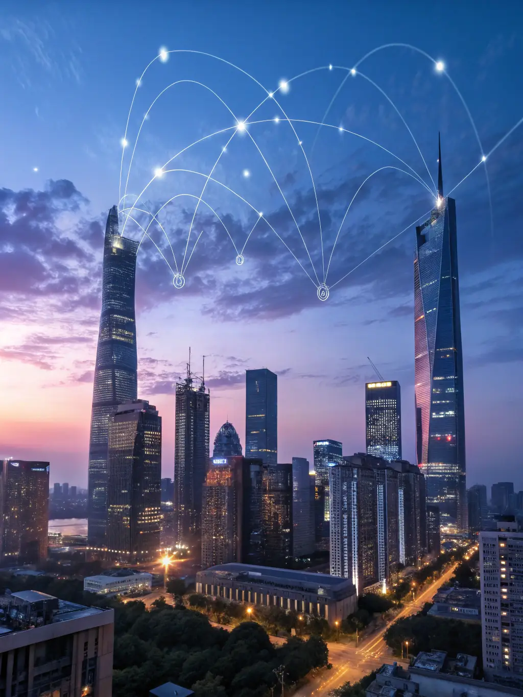 A futuristic cityscape with interconnected nodes representing quantum-ready architecture, symbolizing NANOLINKTECH LTD's expertise in advanced digital infrastructure.